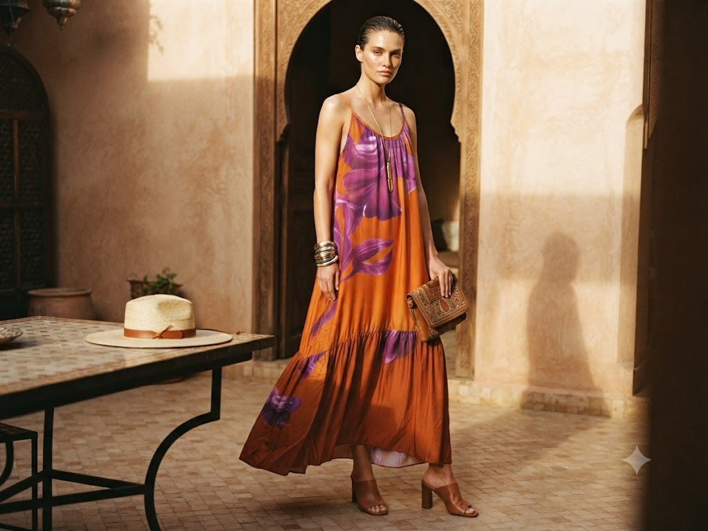 Floral Silk Maxi Dress – Orange &amp; Purple